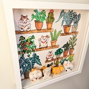 Cat 🐈 planty pot shelf watercolor 3D painting in a white shadow box NWT